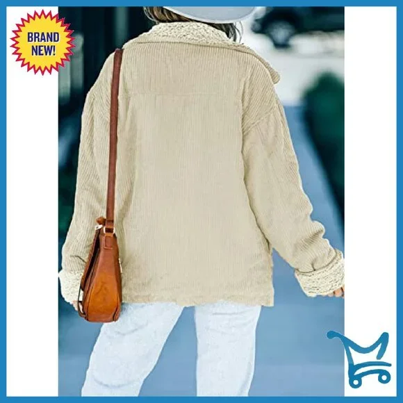 Corduroy Sherpa Jacket Button Down Fleece Collar Winter Coat - Picture 3 of 8